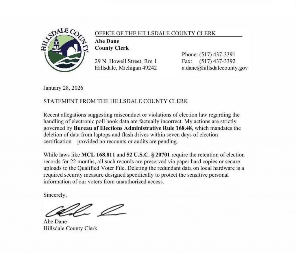 A formal statement from the Hillsdale County Clerk, Abe Dane, addressing allegations of misconduct regarding electronic poll book data handling. The statement details compliance with election law regulations and outlines data retention policies.